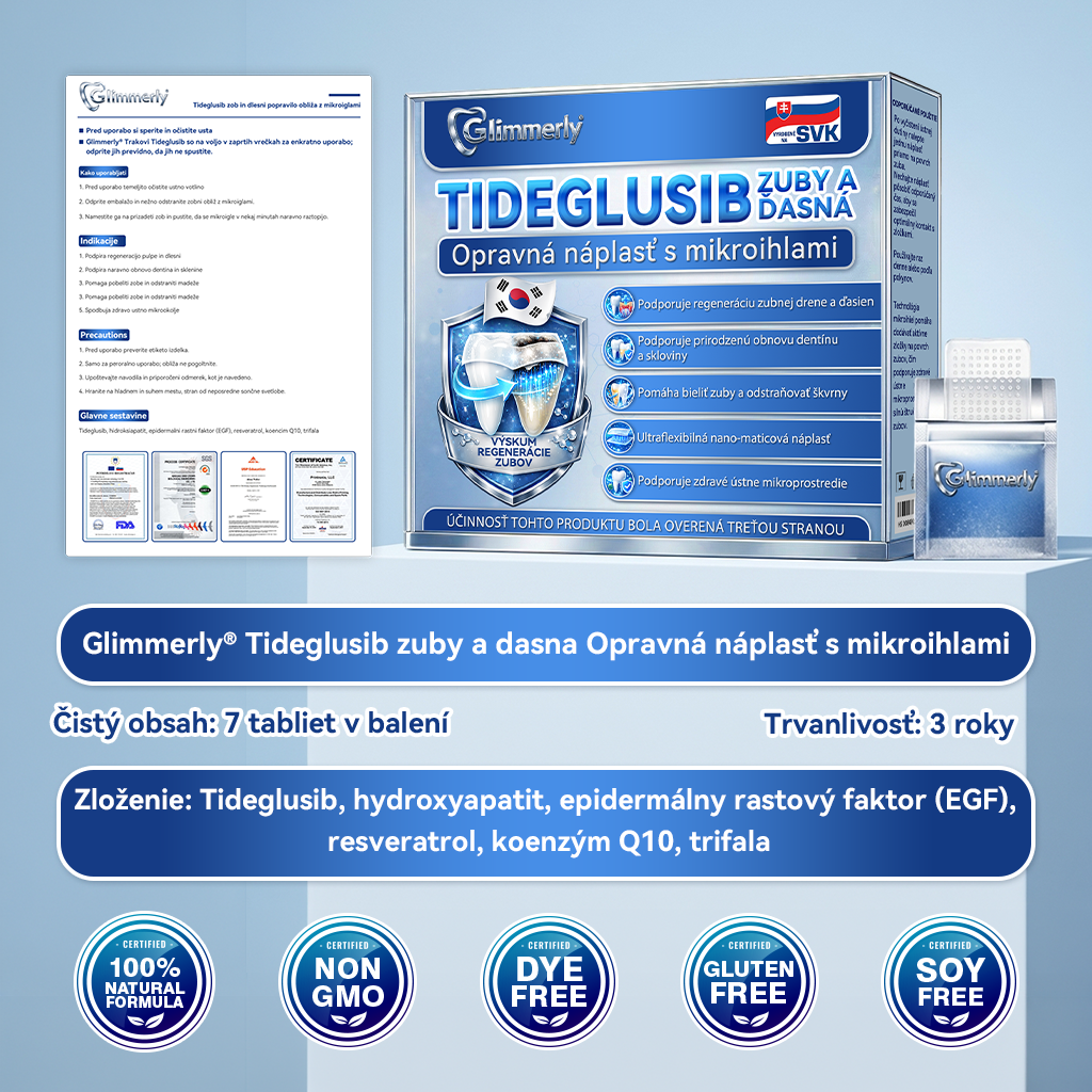 🦷𝐆𝐥𝐢𝐦𝐦𝐞𝐫𝐥𝐲® Tideglusib zuby a dasna Opravná náplasť s mikroihlami | Pokročilé zubné pásiky s aktiváciou kmeňových buniek (obnova skloviny a dentínu • posilnenie ďasien • odstránenie zubného kameňa a zápachu • zastavenie citlivosti zubov)